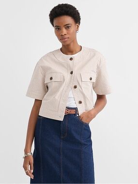 LOFT Beige & White Striped Short-Sleeve Cropped Jacket
